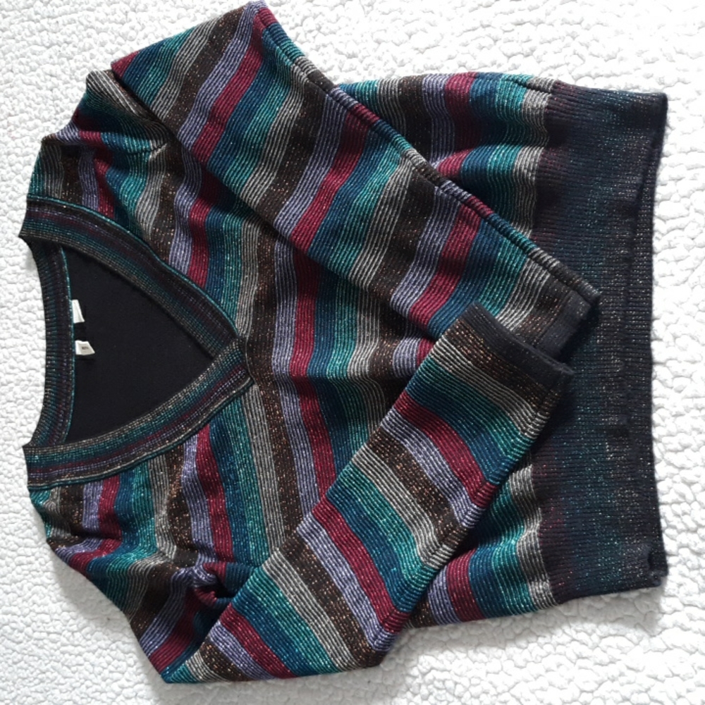 Moth Anthropologie Size Medium V-Neck Metallic Rainbow Stripe Sweater